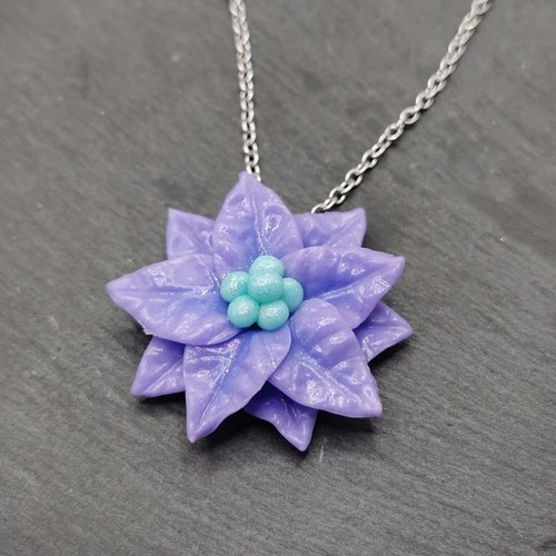 Collier poinsettia mauve et vert menthe - bijou de noël