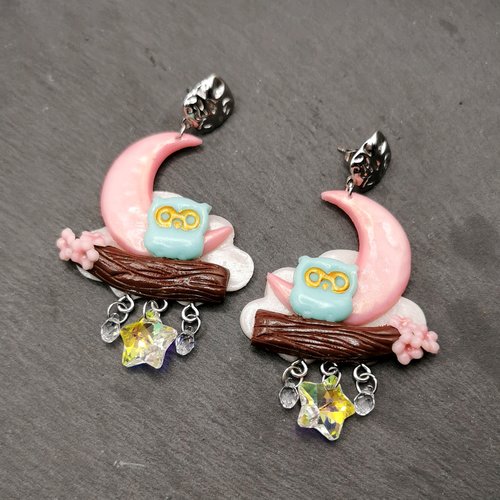 Boucles d'oreilles hibou sous la lune - bijou fait main - conte de fée