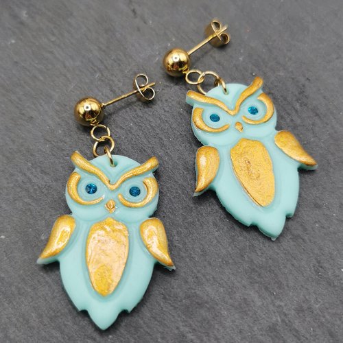 Boucles d'oreilles hiboux vert menthe et or