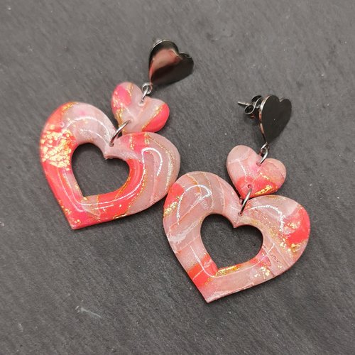Boucles d'oreilles cœurs tendance rétro et romantique rose et or