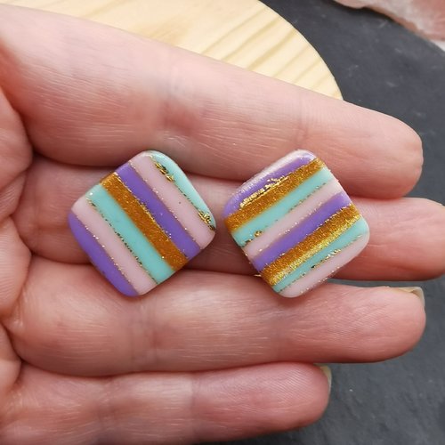 Boucles d'oreilles clip tendance rétro rayure pastel - bijoux fait main et unique