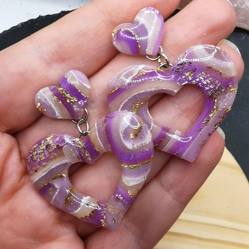Boucles d'oreilles cœurs tendance rétro et romantique violet et or