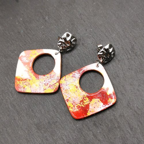 Boucles d'oreilles géométrique tendance rétro rouge et or