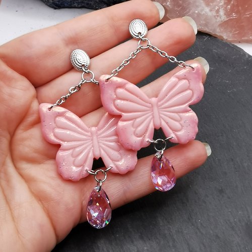 Boucles d'oreilles pendantes papillons roses - acier inoxydable