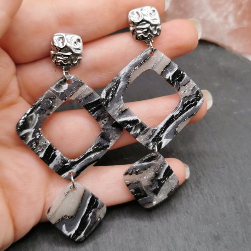 Boucles d'oreilles géométrique tendance rétro noir et argent