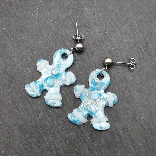 Boucles d'oreilles petit bonhomme bleu et argent