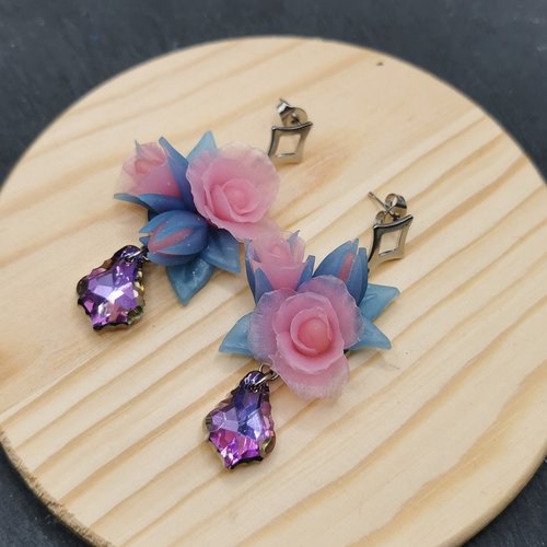 Boucles d'oreilles "rosier rose et bleu" - saint valentin - bijou fait main en acier inoxydable