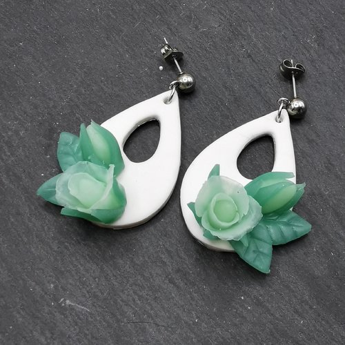 Boucles d'oreilles roses vertes rétros - cadeau de saint valentin - bijou fait main en acier inoxydable
