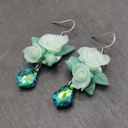 Boucles d'oreilles "rosier vert" - saint valentin - bijou fait main en acier inoxydable