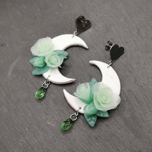Boucles d'oreilles lunes romantiques "rosier vert" - saint valentin - bijou fait main en acier inoxydable