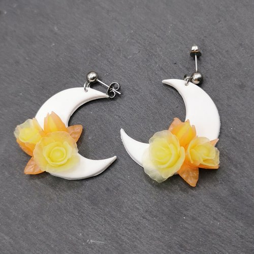 Boucles d'oreilles lunes romantiques "rosier tropical" - saint valentin - bijou fait main en acier inoxydable