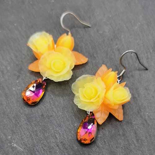 Boucles d'oreilles "rosier tropical" - saint valentin - bijou fait main en acier inoxydable