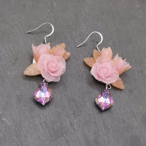 Boucles d'oreilles rose et caramel - saint valentin - bijou fait main en acier inoxydable