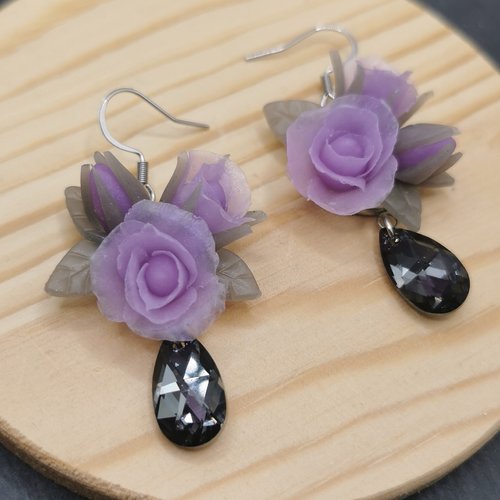 Boucles d'oreilles violet et gris - saint valentin - bijou fait main en acier inoxydable
