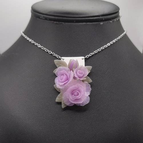 Collier rosier violet et gris - cadeau de saint valentin - bijou fait main en acier inoxydable