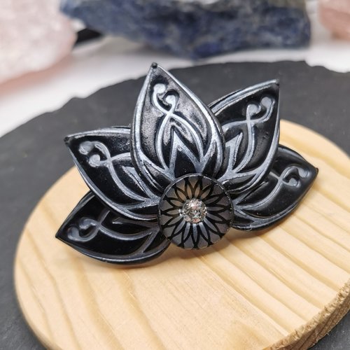 Barrette à cheveux lotus noir et argent - bijou de cheveux original et fait main - gothique romantique