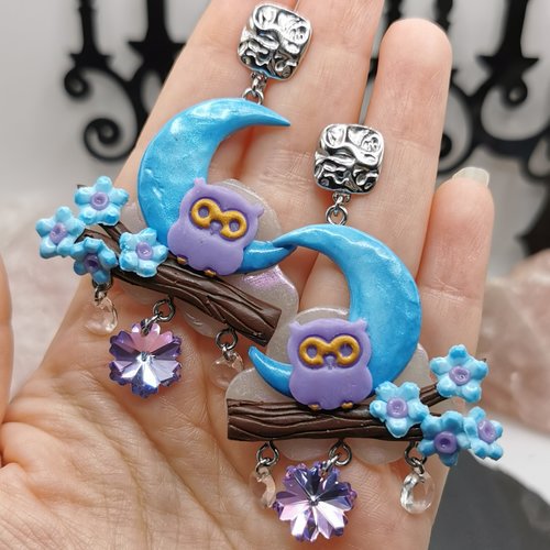Boucles d'oreilles hibou sous la lune - bijou fait main - conte de fée
