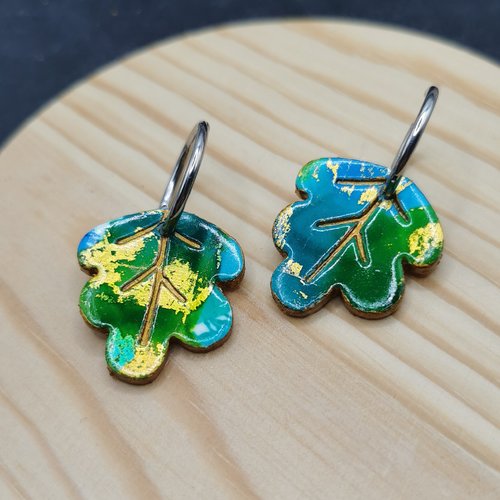 Petites créoles feuilles "encres en folies" - vert, bleu et or - acier inoxydable - bijou coloré