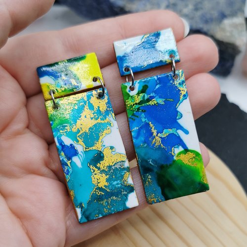 Boucles d'oreilles géométrique "encres en folies" - vert, bleu et or - acier inoxydable - bijou coloré