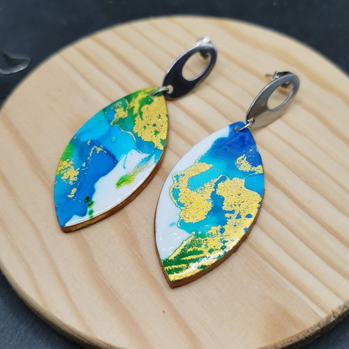 Boucles d'oreilles géométrique "encres en folies" - vert, bleu et or - acier inoxydable - bijou coloré