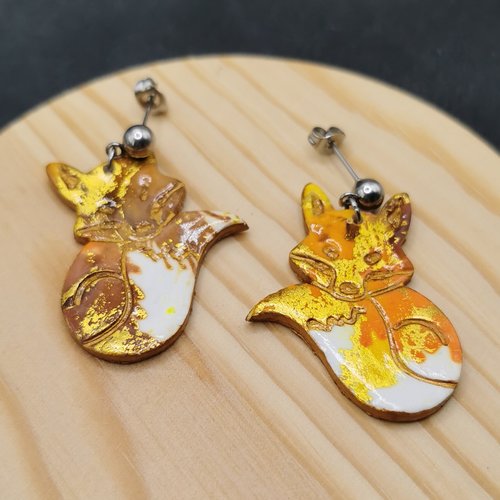 Boucles d'oreilles renards "encres en folies" - jaune, orange, marron et or - acier inoxydable - bijou coloré
