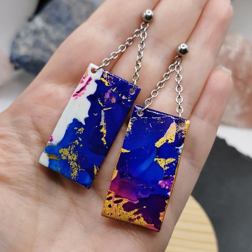 Boucles d'oreilles géométrique "encres en folies" - violet, bleu et or - acier inoxydable - bijou coloré