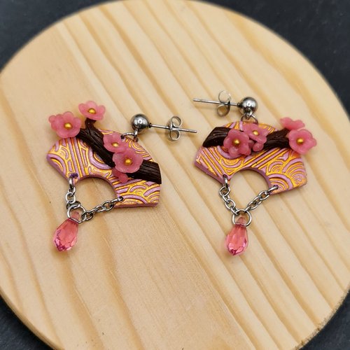 Boucles d'oreilles inspiration japon - éventails et fleurs de cérisiers - bijou en acier inoxydable