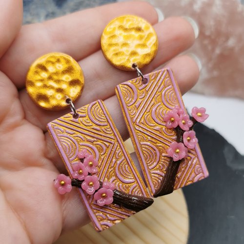 Boucles d'oreilles inspiration japon "branche de sakura" - rose et or- acier inoxydable - bijou zen