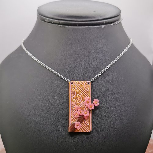 Collier inspiration japon "branche de sakura" - rose et or- acier inoxydable - bijou zen