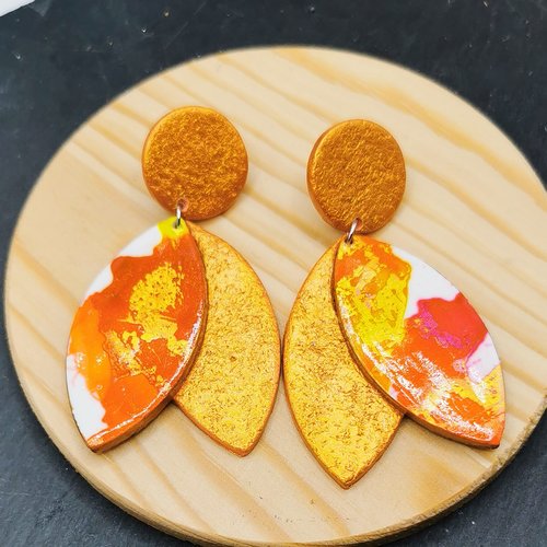 Boucles d'oreilles "encres en folies" - orange, rose, jaune et or - acier inoxydable - bijou coloré - oreilles non percées