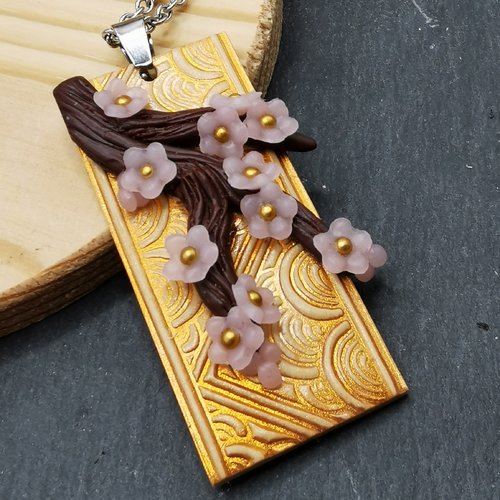 Collier inspiration japon "branche de sakura" - beige et or- acier inoxydable - bijou zen