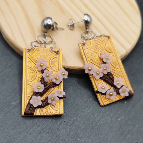 Boucles d'oreilles inspiration japon "branche de sakura" - beige et or- acier inoxydable - bijou zen