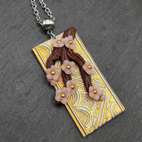 Collier inspiration japon "branche de sakura" - bleu et or- acier inoxydable - bijou zen