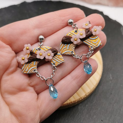 Boucles d'oreilles inspiration japon - éventails et fleurs de cérisiers - bijou en acier inoxydable