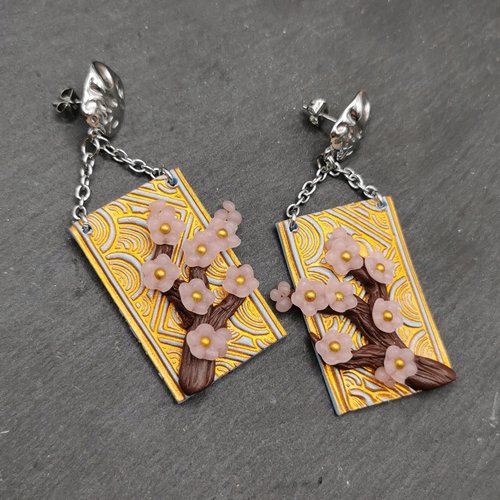 Boucles d'oreilles inspiration japon "branche de sakura" - bleu et or- acier inoxydable - bijou zen