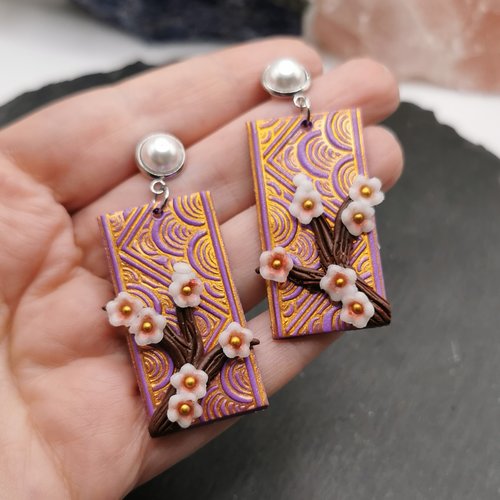 Boucles d'oreilles inspiration japon "branche de sakura" - violet et or- acier inoxydable - bijou zen
