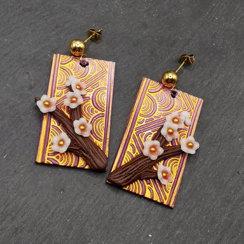 Boucles d'oreilles inspiration japon "branche de sakura" - violet et or- acier inoxydable - bijou zen