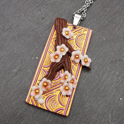 Collier inspiration japon "branche de sakura" - violet et or- acier inoxydable - bijou zen