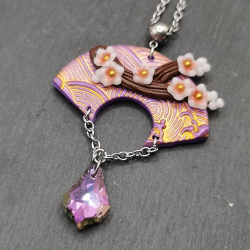 Collier inspiration japon "branche de sakura" - violet et or- acier inoxydable - bijou zen