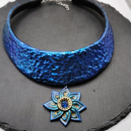 (réservé) collier plastron fleur lotus bleu / turquoise - collier fait main - création unique