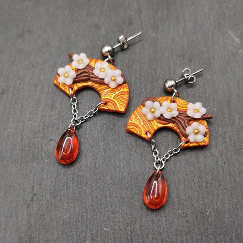 Boucles d'oreilles inspiration japon - éventails et fleurs de cérisiers - bijou en acier inoxydable