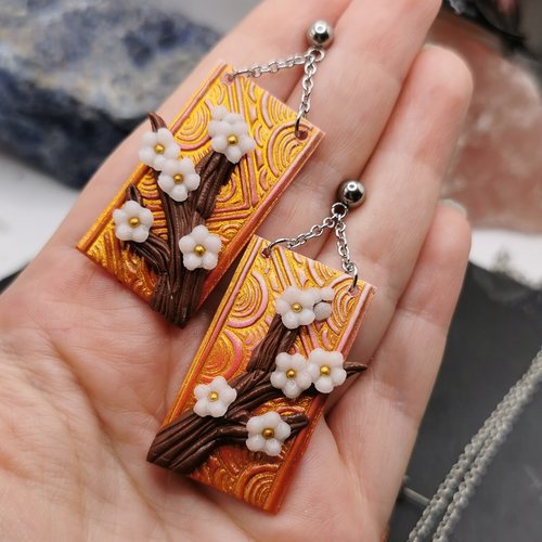 Boucles d'oreilles inspiration japon "branche de sakura" - rouge et or- acier inoxydable - bijou zen