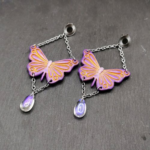 Boucles d'oreilles pendantes papillons mauve et or - acier inoxydable