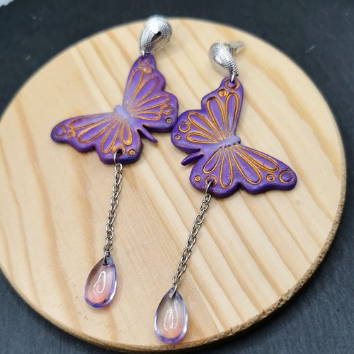 Boucles d'oreilles pendantes papillons mauve et or - acier inoxydable