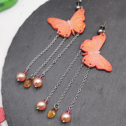 Boucles d'oreilles pendantes papillons rose et or - acier inoxydable