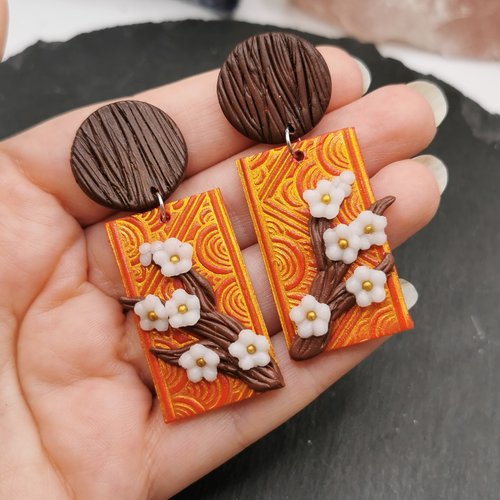 Boucles d'oreilles clips inspiration japon "branche de sakura" - rouge et or- acier inoxydable - bijou zen - oreilles non percées