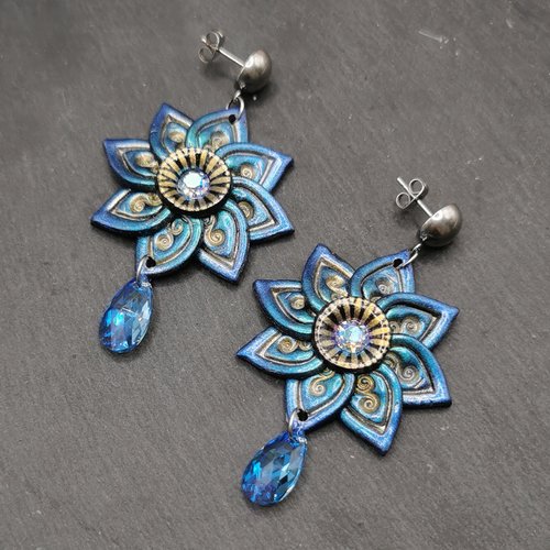 Boucles d'oreilles longues rosaces bleue turquoise