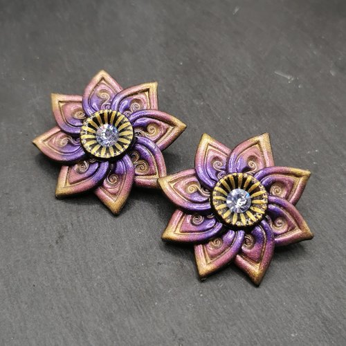 Boucles d'oreilles clips rosaces violet et or - oreilles non percées