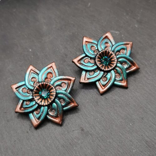 Boucles d'oreilles clips rosaces vert et cuivre - oreilles non percées