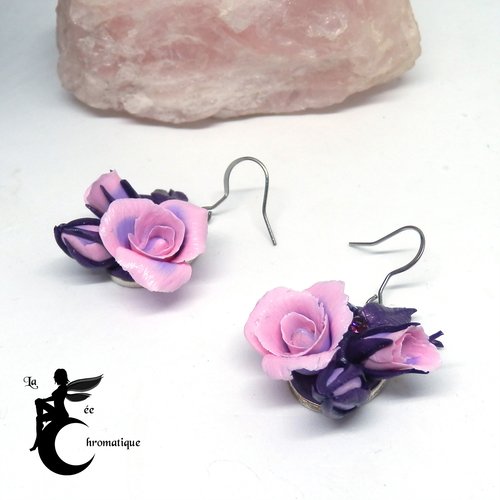 Boucles d'oreilles "rosier violet et rose" - bijou unique en acier inoxydable